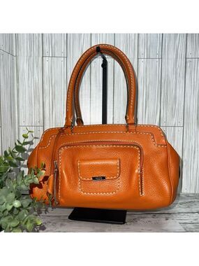 Tod’s Leather Satchel Bag Orange Pebbled Leather Top Handle Tote Italy